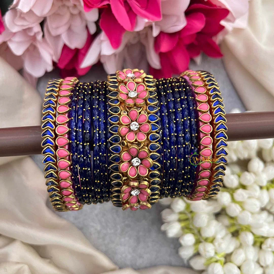 Navy Blue Glass Bangle Stack with Pink Daisy Enamel Kadas Style Glass Bangle Set